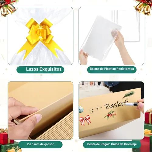 Miniatura 4 de AFOROEOA Paquete de 10 cestas vacías para regalos, cesta de regalo de papel kraft de 10 x 12 pulgadas de grosor con 10 lazos, 10 bolsas vacías