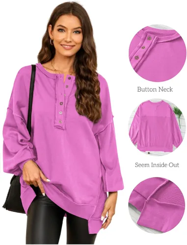 Miniatura 57 de AlvaQ - Sudadera de gran tamaño para mujer, informal, de manga larga, con botones y cuello Henley, tipo túnica