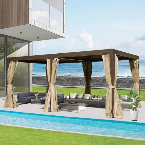 Domi - Pérgola para exteriores de 12 x 20 pies, pérgola de aluminio con techo ajustable y mosquitera para patio, patio, terraza, jardín, color marrón