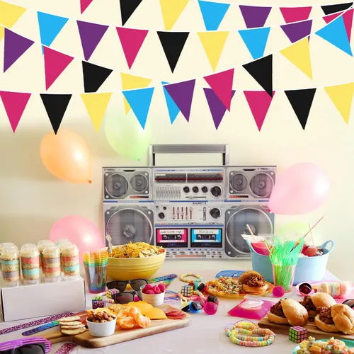 Miniatura 3 de pinkblume Decoraciones de fiesta de 32 pies de los 80, banderines triangulares, banderines de tela para guirnaldas de tela para 80, retro, hip hop