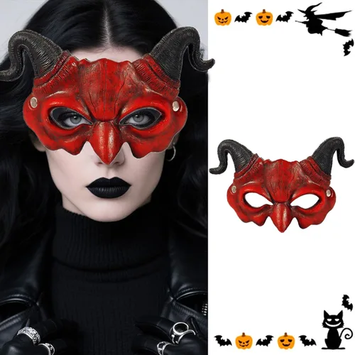 Miniatura 3 de Soochat Máscara de diablo de demonio, máscara de media cara aterradora para cosplay, Halloween, fiesta de disfraces, accesorios de fiesta