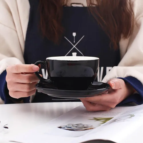 Miniatura 2 de Coffeezone - Taza y platillo para barista de capuchino con arte de latte y americano, nueva porcelana de hueso para cafetería