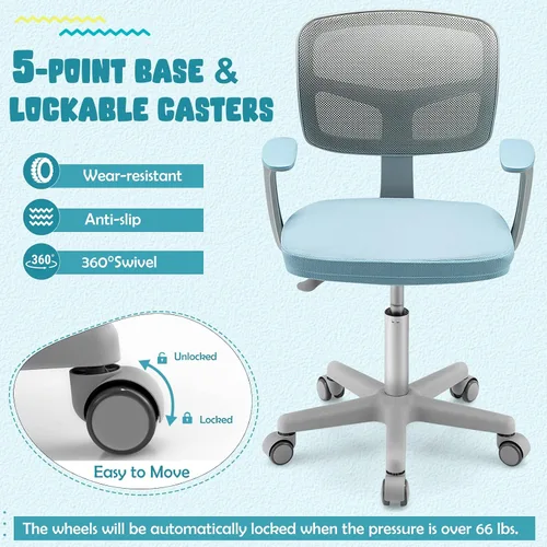 Miniatura 4 de GLACER Silla de escritorio para niños, silla de estudio giratoria de malla ajustable con ruedas, brazos, silla ergonómica para computadora con Azul