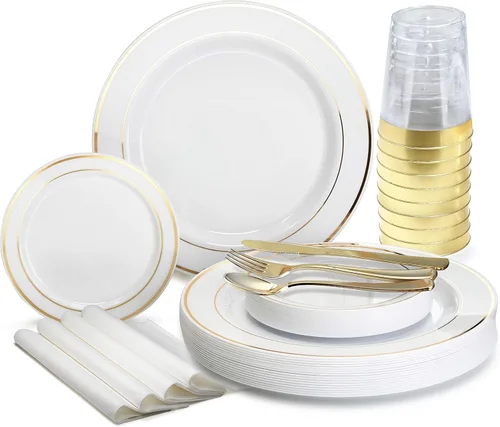 Miniatura 14 de Occasions" - Juego de 125 piezas (25 invitados) - Platos y cubiertos de plástico para boda, vajilla pesada desechable de 10.5 pulgadas, 6.25