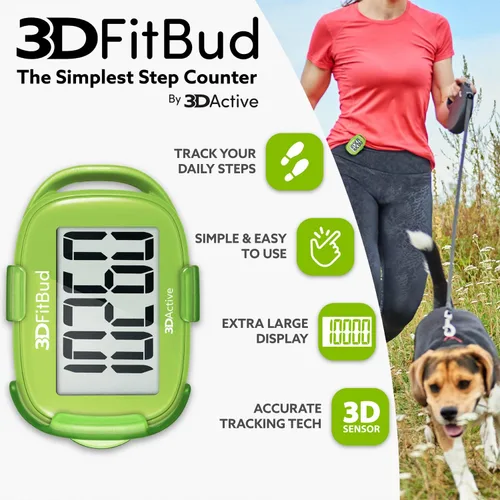 Miniatura 2 de 3DFitBud Simple Contador de Pasos - Podómetro 3D para caminar de 3DActive con clip, cordón, rastreador de pasos preciso, pantalla grande, fácil