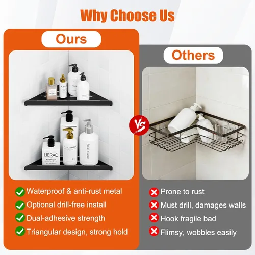 Miniatura 5 de Fikoksol Organizador de ducha, paquete de 2 estantes de esquina de baño, estante triangular para ducha de baño, estante de ducha de metal negro
