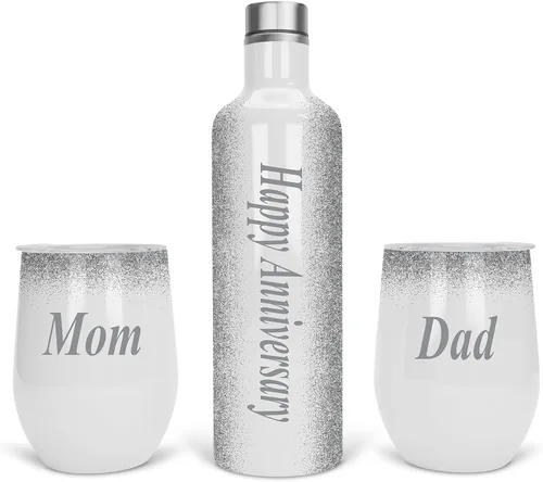 Vaso de vino personalizado, regalo de vaso de vino, vasos de vino de acero inoxidable, paquete de 2 unidades de 12 onzas y 1 botella de vino Gris