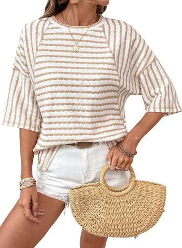 Dokotoo Camisetas de verano para mujer, camisetas de gran tamaño para mujer, a rayas, bloques de color, manga corta, cuello redondo, blusas casuales