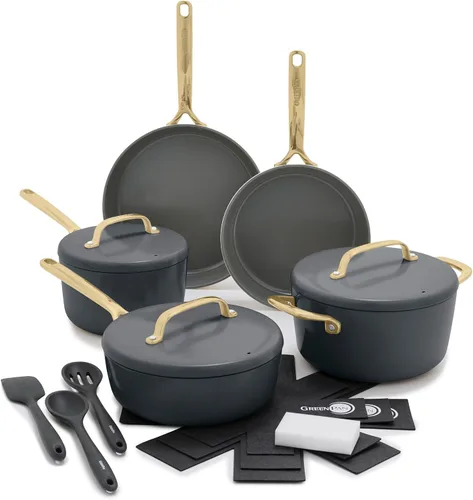 GreenPan GP5 - Juego de ollas y sartenes de 14 piezas, cerámica anodizada dura, antiadherente, sin PFAS, asas de champán, calibre pesado, superficie