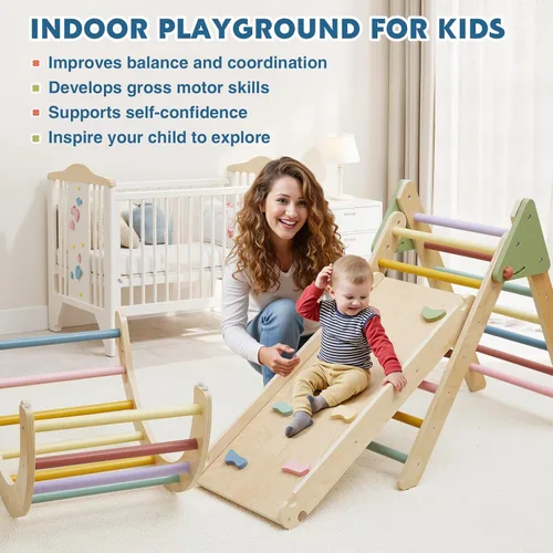 Miniatura 6 de Pikler - Juego de escalada triangular plegable de madera 7 en 1, juguetes Montessori para niños pequeños de 1 a 3 años, gimnasio de selva