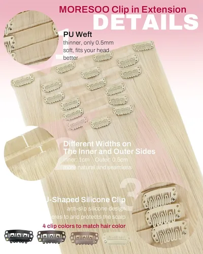 Miniatura 4 de Moresoo - Extensiones de cabello humano con pinzas, sin costuras, con trama, de poliuretano, invisible, cabello humano real, color rubio platino, 7