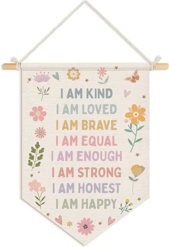 Wheatwin Decoración de pared de afirmaciones positivas, decoración de guardería para niñas, estampado floral pastel para colgar en la pared, bandera