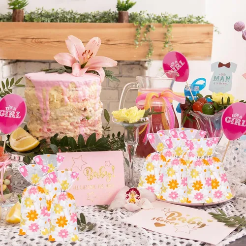 Miniatura 7 de Whaline 100 bolsas de celofán con margaritas de celofán con lazos plateados, retro, hippie, bohemio, para fiestas, flores coloridas, bolsas