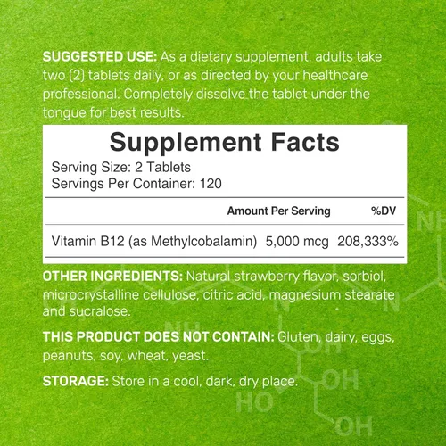 Miniatura 4 de DEAL SUPPLEMENT Vitaminas Metil B-12 de 5000 mcg, 240 tabletas masticables Forma activa – Sabor fresa – Apoyo energético y función de salud
