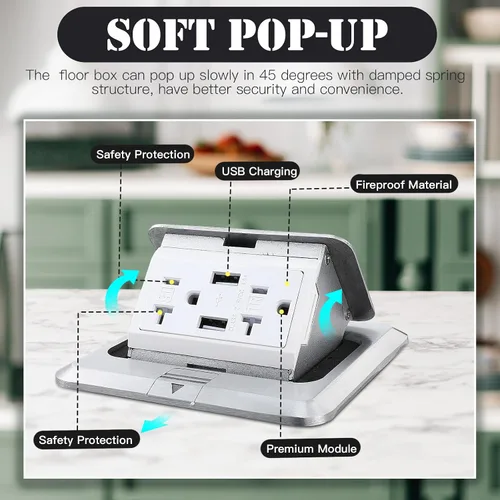 Miniatura 3 de Hoolerry Kit de 1 caja de cubierta de toma de corriente eléctrica de piso desplegable con cargador USB de 4.8 A, 20 amperios, impermeable