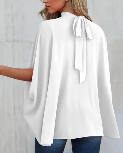 Miniatura 155 de BTFBM Blusas de verano para mujer, cuello alto falso, manga murciélago, holgadas, dobladillo alto y bajo, blusas informales de gran