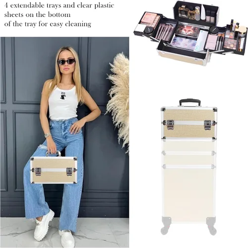 Miniatura 6 de Estuche de maquillaje profesional con ruedas, estuche de tren de maquillaje 5 en 1, carrito de maquillaje cosmético, estuche de cosmetología