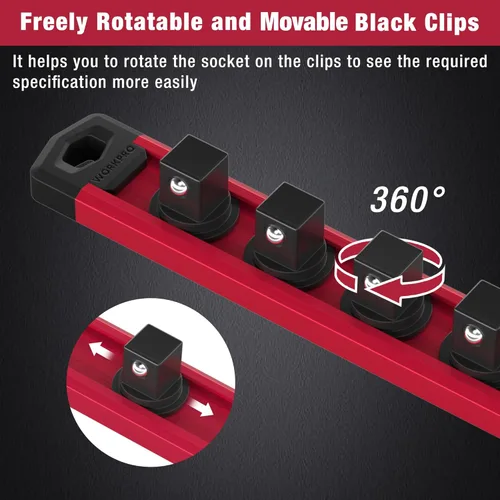 Miniatura 5 de WORKPRO Organizador magnético de llaves de vaso, riel de llaves de aleación de aluminio de 1/2 pulgada, soporte para llaves de vaso de servicio Rojo