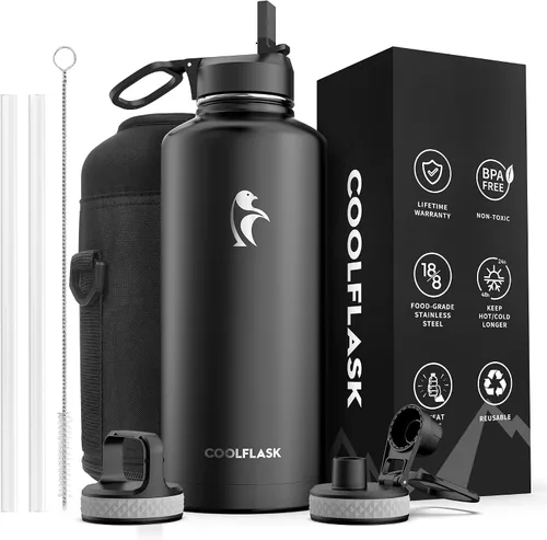 Miniatura 37 de Coolflask Botella de agua de 20 onzas aislada con pajilla, 3 tapas de metal de acero inoxidable, botella de agua de boca ancha para deportes u