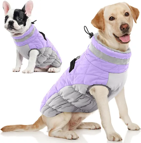 Miniatura 28 de AOFITEE Abrigo para perro, chaquetas cálidas para perros grandes, abrigo reflectante de cuello alto para perros con arnés integrado, impermeable