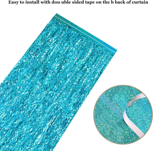 Miniatura 5 de Paquete de 4 cortinas onduladas de flecos de papel de aluminio verde azulado aguamarina para decoración de fiesta, 3.3 pies x 6.6 pies, cortina