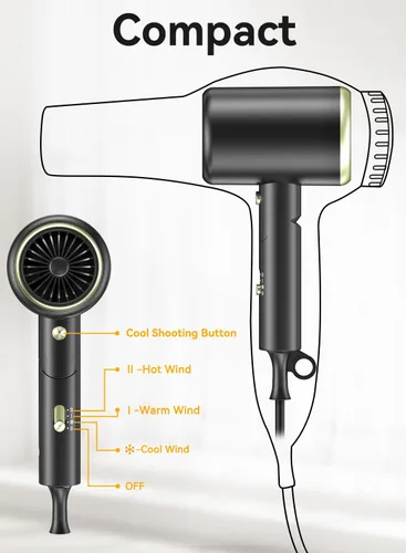 Miniatura 7 de Secador de pelo, secador iónico de 150000 rpm, secado rápido, bajo ruido, plegable portátil con difusor y boquilla, mini compacto para mujeres
