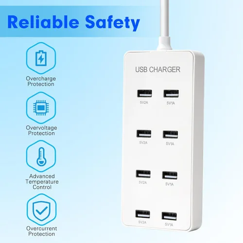 Miniatura 2 de Cargador de pared USB Estación de carga USB para múltiples dispositivos, tira de concentrador de carga de 8 puertos, bloque de cargador inteligente