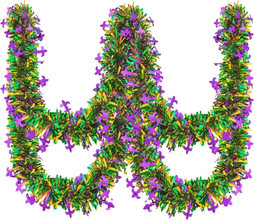 Miniatura 10 de Guirnalda de oropel de Mardi Gras de 20 pies/19.7 ft con luces LED, guirnalda metálica de oropel con pilas, guirnalda colgante de lámina colorida