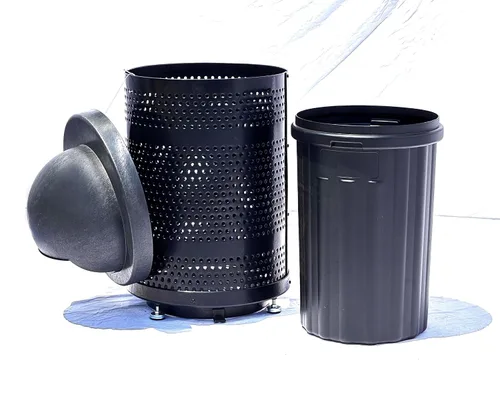 Miniatura 4 de Bote de basura de metal perforado termoplástico de 32 galones con tapa de cúpula de espuma estructural, color negro