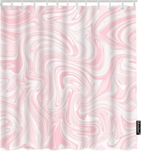 Moslion Cortinas de ducha con diseño de mármol, color rosa pastel, pincel, líneas de remolino líquido, juego de cortina de ducha para baño, tela de