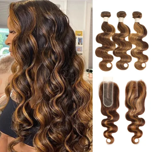 Miniatura 17 de ALHER Long Deep Part 2x6 Closure Body Wave Honey Blonde Highlight, Ombre Brown and Blond 2x6 Kim K Transparent HD Lace Closure Pre Plucked With Baby
