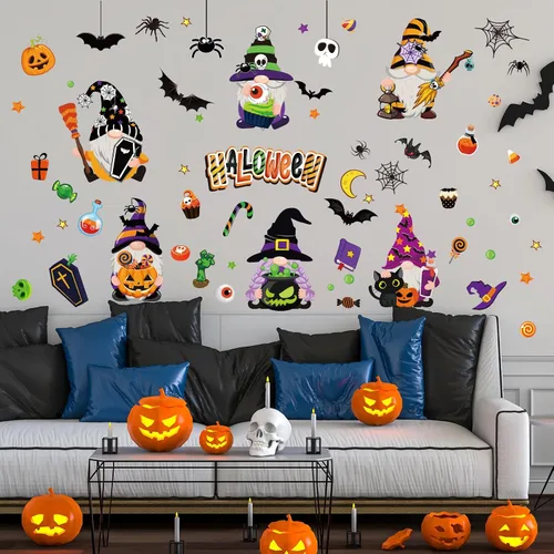 Miniatura 5 de Whaline Decoración de pared de gnomo de Halloween, gnomo, murciélago, araña, calabaza, calcomanías de pared, lindas calcomanías de arte extraíbles