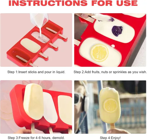 Miniatura 4 de Juego de 2 moldes de silicona para helado con 50 palitos de madera y 50 bolsas para paletas de bricolaje (azul + rojo)