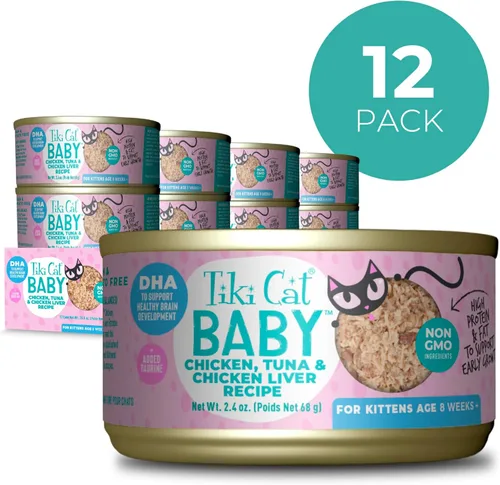 Miniatura 2 de Tiki Cat Baby, Trozos de Pollo, Atún y Hígado de Pollo, Alimento Húmedo para Gatitos de Alta Proteína y Sabroso de 8 Semanas en Adelante, Latas