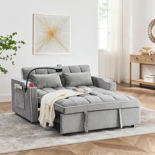 Miniatura 11 de Sofá cama biplaza de terciopelo convertible y moderno con cama desplegable, respaldo ajustable y 2 almohadas lumbares, para espacios pequeños