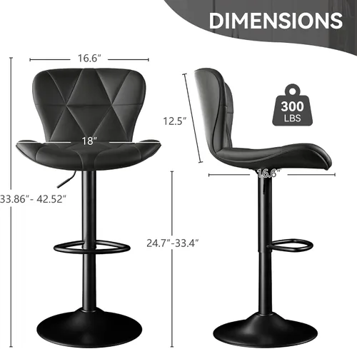 Miniatura 5 de Juego de 2 taburetes de bar, taburetes de bar giratorios ajustables, sillas de bar de piel sintética, altura de encimera tapizada con respaldo alto