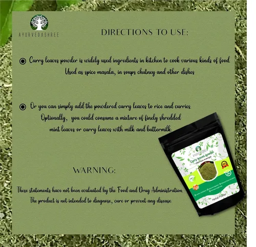 Miniatura 2 de AYURVEDASHREE Curry Leaf Powder 50 Gm Promueve el crecimiento del cabello Volumen del cabello Cabello más grueso Koenigii Murraya Natural
