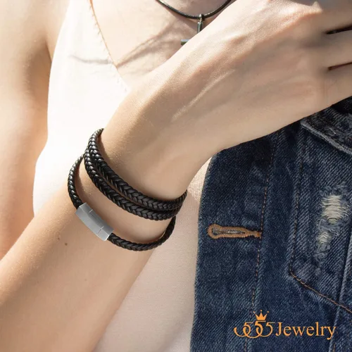 Miniatura 3 de 555Jewelry Pulsera de cierre magnético de cordón de cuero trenzado de acero inoxidable, Metal