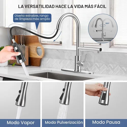 Miniatura 4 de FEELSO Grifos de cocina, grifo de cocina con filtro de agua mejorado con rociador desplegable, acero inoxidable níquel cepillado arco alto grifo