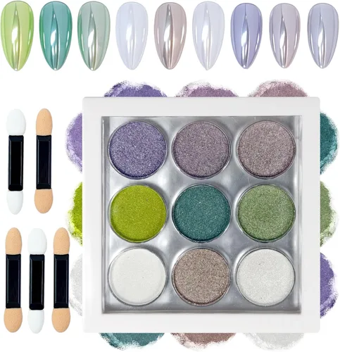 Paleta de polvo de uñas cromado, 9 colores blanco, verde, morado, espejo metálico, polvo holográfico cromado para uñas, decoración de uñas con