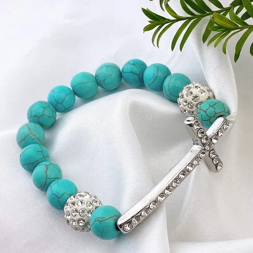 Miniatura 2 de Bocar Pulsera elástica de cuentas de cristal con cruz lateral chapada en metal
