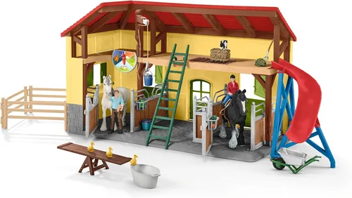Miniatura 5 de Schleich FARM WORLD - Juego de 82 piezas de establo de caballos con figuras de granjero, caballo y jinete, juegos funcionales de granero y establo