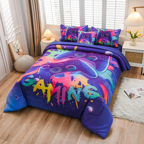 Miniatura 2 de Aimuan Juego de edredón de videojuegos para niños, conjunto de ropa de cama para niños, consola de videojuegos, botones de acción, novedoso y Morado