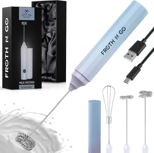 Miniatura 49 de Varita de espumador de leche mini y potente – Potente espumador de café de mano, mezclador de bebidas operado con batería – Tamaño de bolsillo Azul