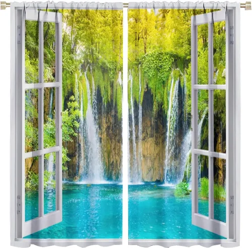 Miniatura 25 de Cortinas de paisaje, ventana tropical con vista al mar, océano, playa, barco, cortinas con estampado de palmeras para dormitorio, sala de estar, Mar