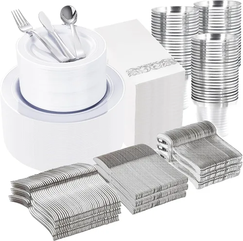 Miniatura 20 de WELLIFE 350 platos de plástico dorado transparente, 100 platos desechables, 150 cubiertos de plástico, 50 tazas, 50 servilletas para bodas y fiestas