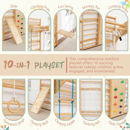 Miniatura 2 de escalera sueca 10 en 1 para interiores, gimnasio de la selva para niños de 3 a 12 años, 227 KG, juego de escalada de madera montado en la pared