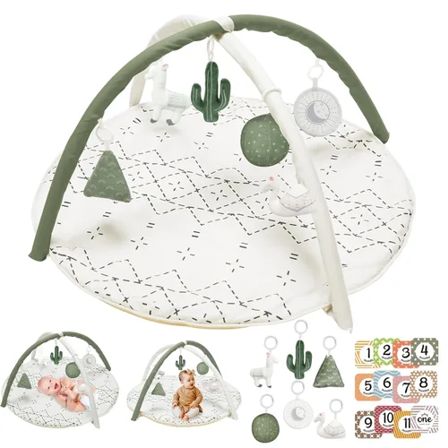 Little Dove Alfombra de Tiempo de Barriga con 6 Juguetes, Alfombra de Juego de Macramé para Recién Nacido, Gimnasio para Bebés con 12 Tarjetas de