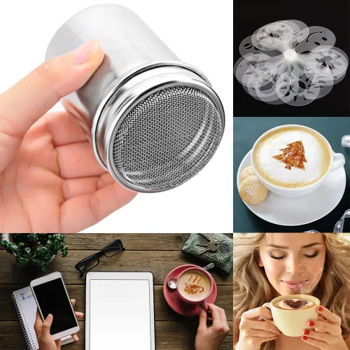 Miniatura 7 de SENHAI - 2 cocteleras de polvo de acero inoxidable, latas de polvo para café, cacao, canela en polvo con tapa, con 16 moldes de impresión