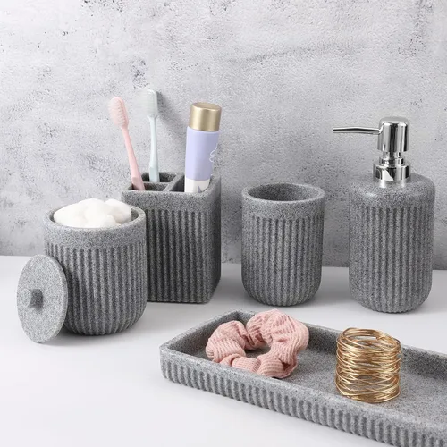 Miniatura 15 de XLHOMO Juego de accesorios de baño de resina beige de 5 piezas, dispensador de jabón y loción, soporte para cepillo de dientes, vaso de baño, porta